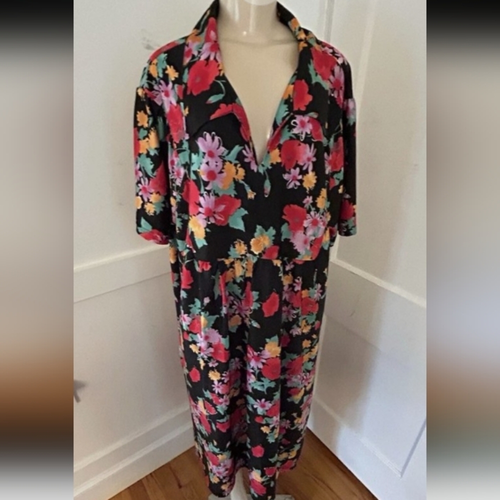 VTG Metropolitan House Dress Black Floral Print V-Neck Collar#loose fitting